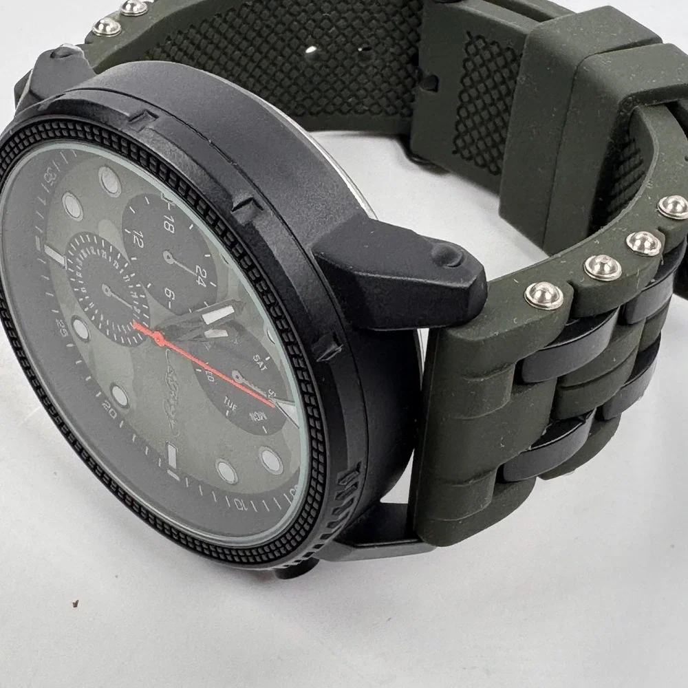 Ed Hardy Mens Camouflage Dial Watch Black Case Green Studded Silicone Band 50444